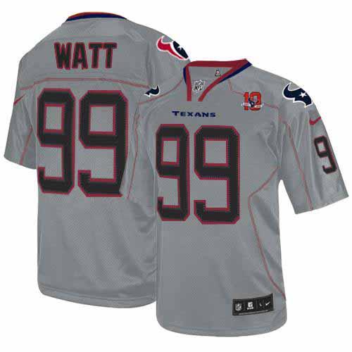  Texans #99 J.J. Watt Lights Out Grey With 10th Patch Men's Stitched NFL Elite Jersey