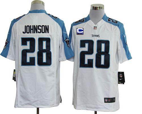  Titans #28 Chris Johnson White With C Patch Men's Stitched NFL Game Jersey