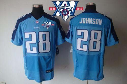  Titans #28 Chris Johnson Light Blue Team Color With 15th Season Patch Men's Stitched NFL Elite Jersey