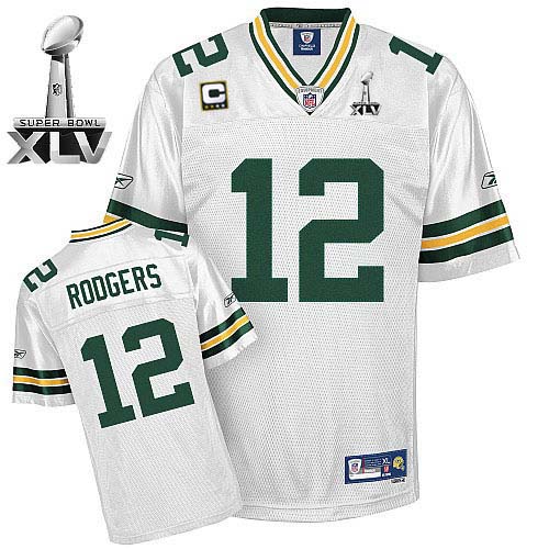 Packers #12 Aaron Rodgers White With Super Bowl XLV and C patch Stitched NFL Jersey