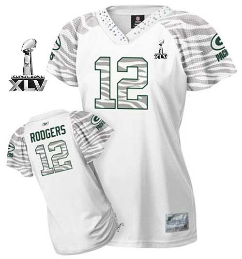 Packers #12 Aaron Rodgers White Women's Zebra Field Flirt Bowl Super Bowl XLV Stitched NFL Jersey