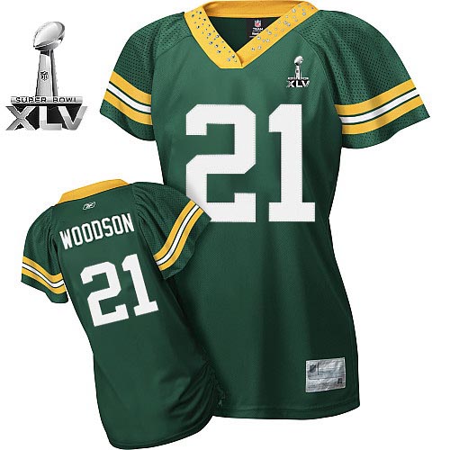 Packers #21 Charles Woodson Green Women's Field Flirt Bowl Super Bowl XLV Stitched NFL Jersey