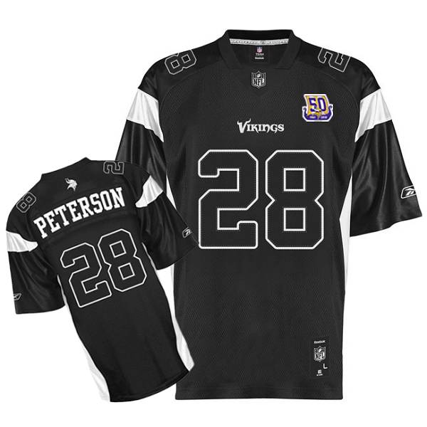 Vikings #28 Adrian Peterson Black Shadow Team 50TH Patch Stitched NFL Jersey