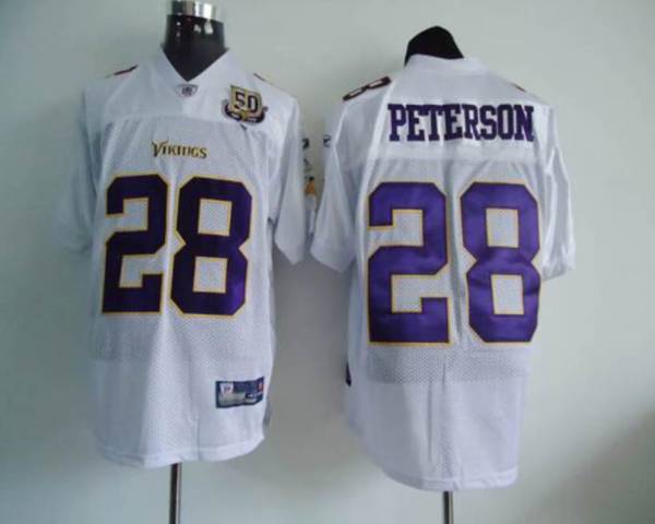 Vikings #28 Adrian Peterson All White Team 50TH Patch Stitched NFL Jersey