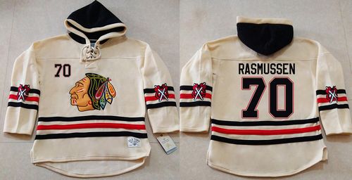 Blackhawks #70 Dennis Rasmussen Cream Heavyweight Pullover Hoodie Stitched NHL Jersey
