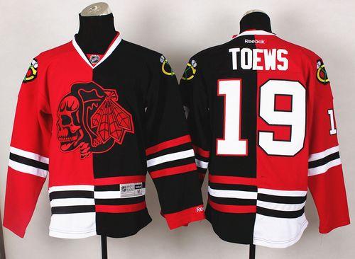 Blackhawks #19 Jonathan Toews Red/Black Split Red Skull Stitched NHL Jersey