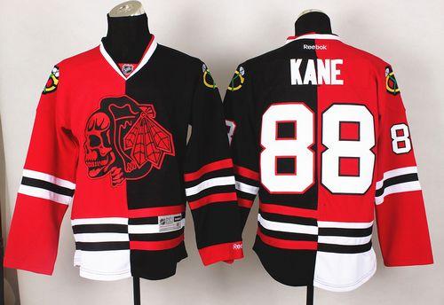 Blackhawks #88 Patrick Kane Red/Black Split Red Skull Stitched NHL Jersey