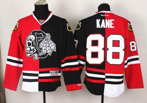 Blackhawks #88 Patrick Kane Red/Black Split White Skull Stitched NHL Jersey