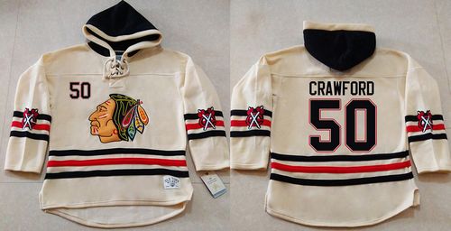 Blackhawks #50 Corey Crawford Cream Heavyweight Pullover Hoodie Stitched NHL Jersey