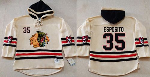 Blackhawks #35 Tony Esposito Cream Heavyweight Pullover Hoodie Stitched NHL Jersey
