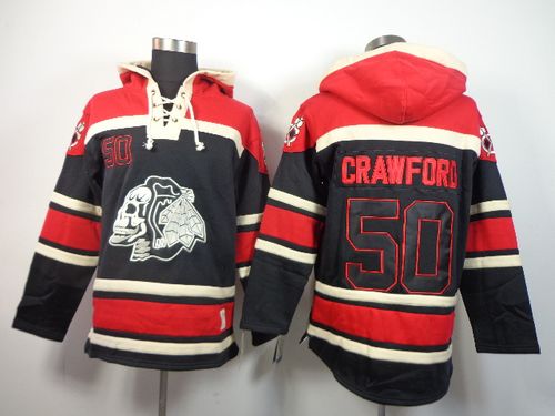 Blackhawks #50 Corey Crawford Black Sawyer Hooded Sweatshirt Stitched NHL Jersey