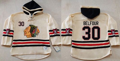 Blackhawks #30 ED Belfour Cream Heavyweight Pullover Hoodie Stitched NHL Jersey