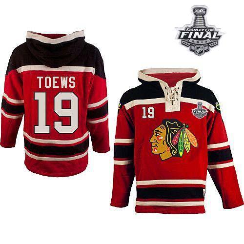 Blackhawks #19 Jonathan Toews Red Sawyer Hooded Sweatshirt With Stanley Cup Finals Stitched NHL Jersey