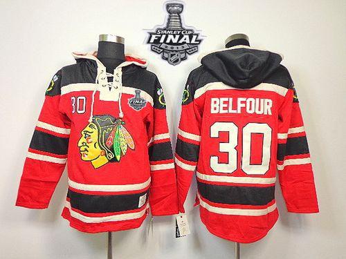 Blackhawks #30 ED Belfour Red Sawyer Hooded Sweatshirt With Stanley Cup Finals Stitched NHL Jersey