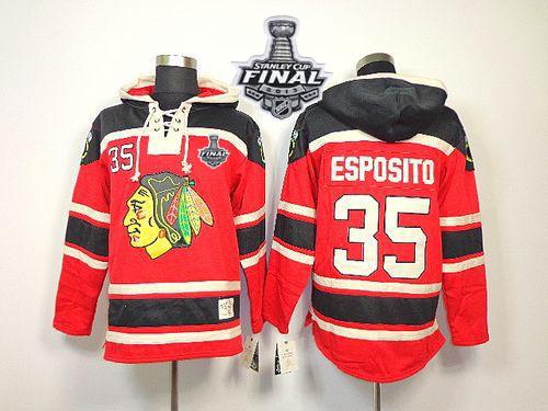 Blackhawks #35 Tony Esposito Red Sawyer Hooded Sweatshirt With Stanley Cup Finals Stitched NHL Jersey