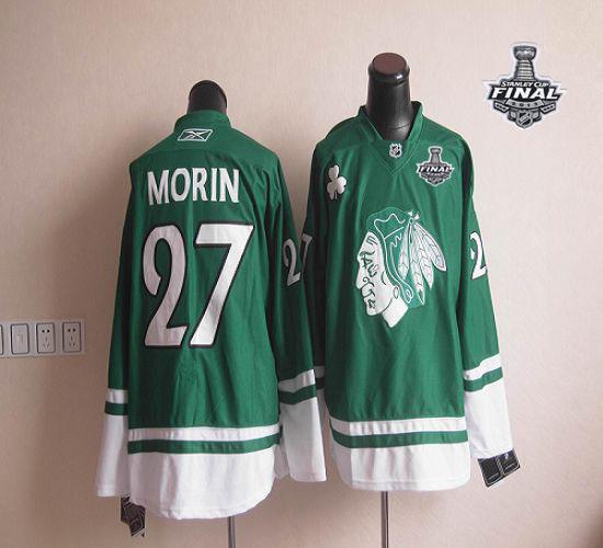 Blackhawks St Patty's Day #27 Jeremy Morin Green With Stanley Cup Finals Stitched NHL Jersey