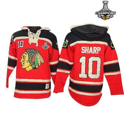Blackhawks #10 Patrick Sharp Red Sawyer Hooded Sweatshirt Stitched Stanley Cup Champions NHL Jersey