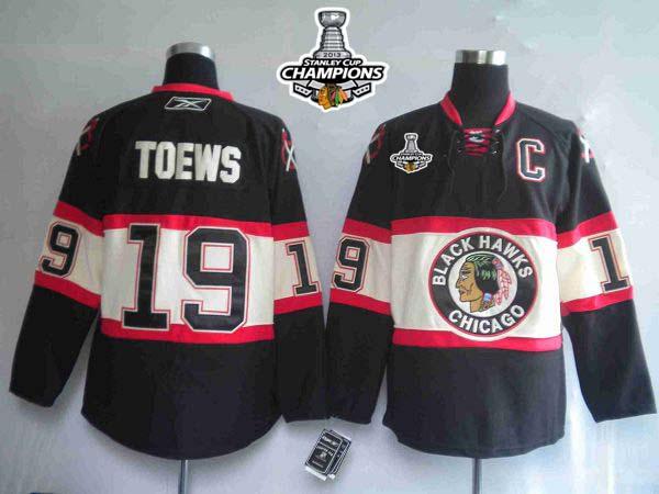 Blackhawks #19 Jonathan Toews Stitched Black New Third Stanley Cup Champions NHL Jersey