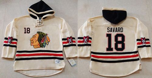 Blackhawks #18 Denis Savard Cream Heavyweight Pullover Hoodie Stitched NHL Jersey