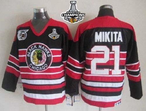 Blackhawks #21 Stan Mikita Red/Black 75TH CCM Stanley Cup Champions Stitched NHL Jersey