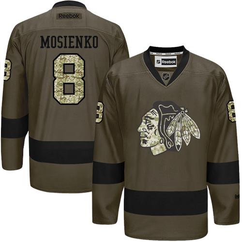 Blackhawks #8 Bill Mosienko Green Salute to Service Stitched NHL Jersey