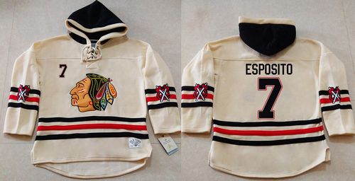 Blackhawks #7 Tony Esposito Cream Heavyweight Pullover Hoodie Stitched NHL Jersey