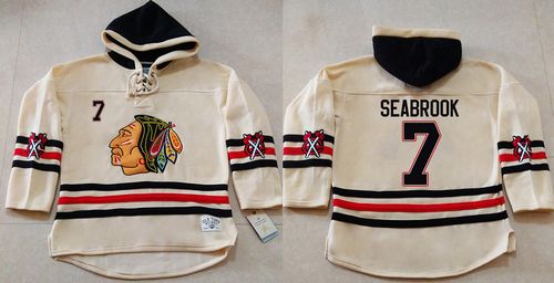 Blackhawks #7 Brent Seabrook Cream Heavyweight Pullover Hoodie Stitched NHL Jersey