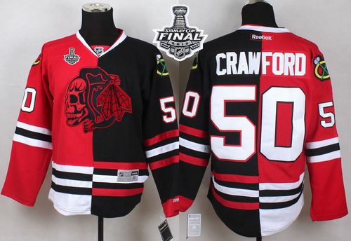 Blackhawks #50 Corey Crawford Red/Black Split Red Skull 2015 Stanley Cup Stitched NHL Jersey