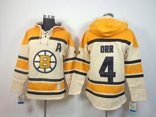 Bruins #4 Bobby Orr Cream Sawyer Hooded Sweatshirt Stitched NHL Jersey