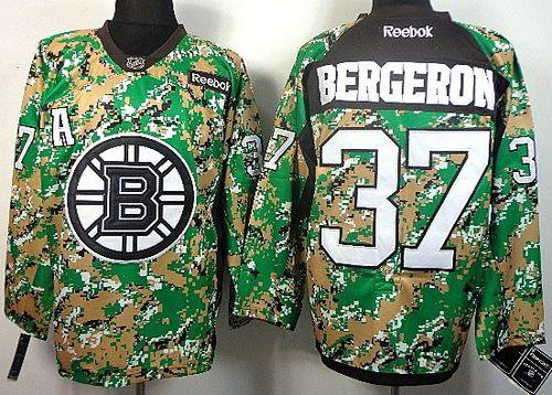 Bruins #37 Patrice Bergeron Camo Veterans Day Practice Stitched NHL Jersey