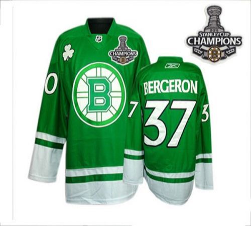 Bruins 2011 Stanley Cup Champions Patch St Patty's Day #37 Patrice Bergeron Green Stitched NHL Jersey