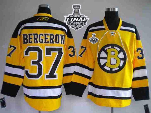 Bruins Stanley Cup Finals Patch #37 Patrice Bergeron Stitched Winter Classic Yellow NHL Jersey