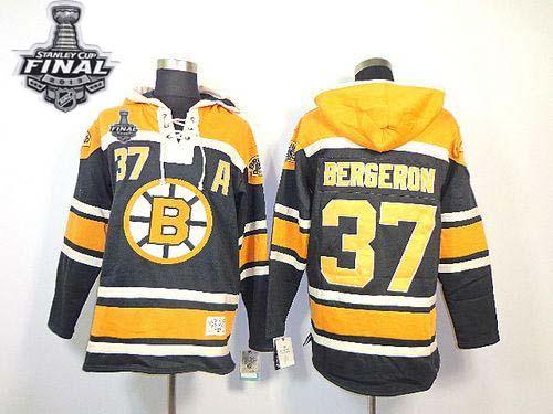 Bruins Stanley Cup Finals Patch #37 Patrice Bergeron Black Sawyer Hooded Sweatshirt Stitched NHL Jersey