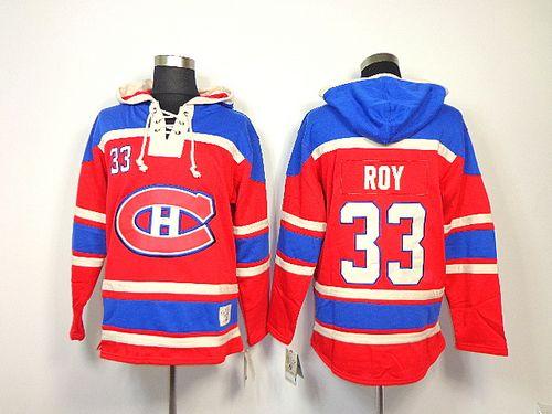 Canadiens #33 Patrick Roy Red Sawyer Hooded Sweatshirt Stitched NHL Jersey