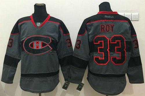 Canadiens #33 Patrick Roy Charcoal Cross Check Fashion Stitched NHL Jersey