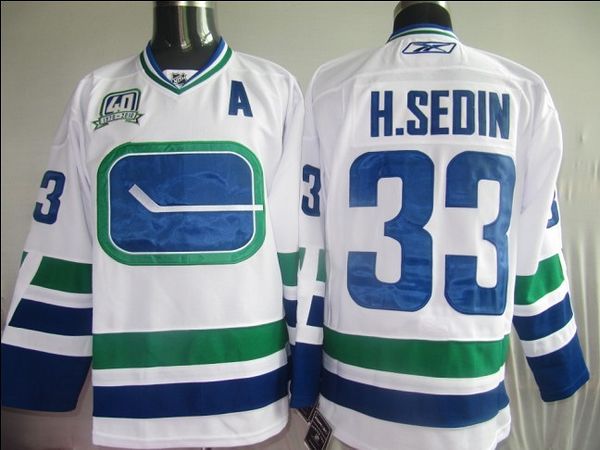 Canucks #33 Henrik Sedin Stitched White With 40TH Patch Third NHL Jersey