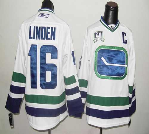 Canucks #16 Trevor Linden Stitched White With 40TH Patch Third NHL Jersey