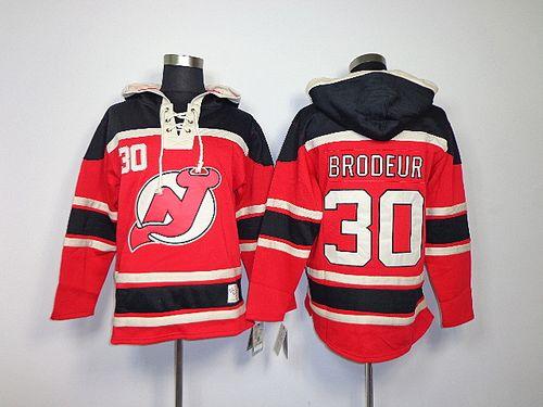 Devils #30 Martin Brodeur Red Sawyer Hooded Sweatshirt Stitched NHL Jersey