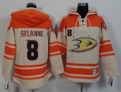 Ducks #8 Teemu Selanne Cream/Orange Sawyer Hooded Sweatshirt Stitched NHL Jersey