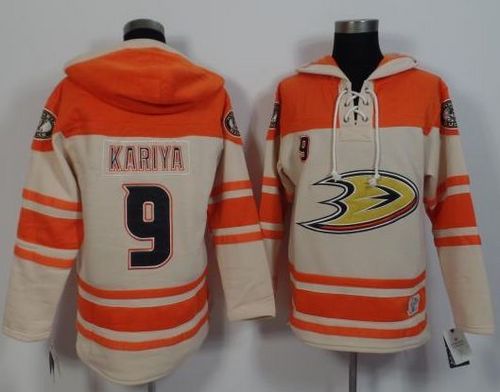 Ducks #9 Paul Kariya Cream/Orange Sawyer Hooded Sweatshirt Stitched NHL Jersey