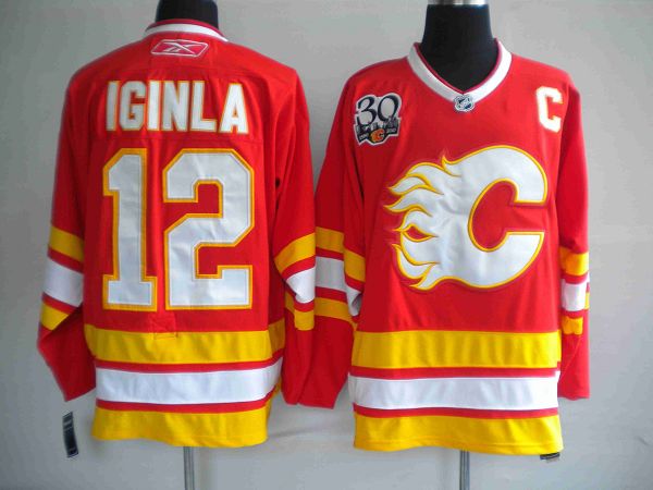 Flames #12 Jarome Iginla Stitched Red with 30TH Patch NHL Jersey