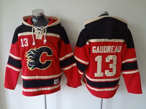 Flames #13 Johnny Gaudreau Red Sawyer Hooded Sweatshirt Stitched NHL Jersey