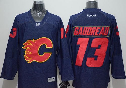 Flames #13 Johnny Gaudreau Navy Blue Denim Stitched NHL Jersey