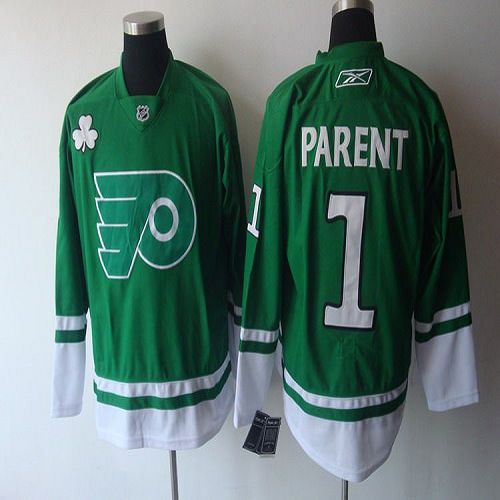 Flyers #1 Bernie Parent Green St. Patty's Day Stitched NHL Jersey