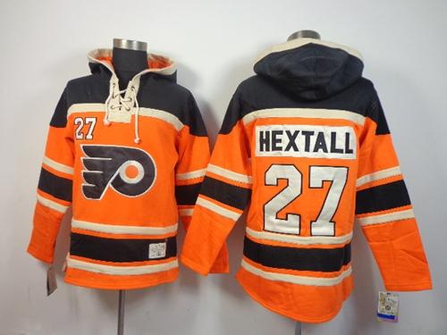 Flyers #27 Ron Hextall Orange Sawyer Hooded Sweatshirt Stitched NHL Jersey