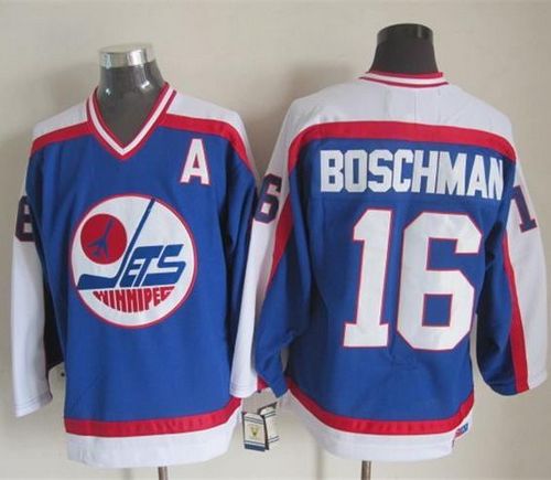 Jets #16 Laurie Boschman Blue/White CCM Throwback Stitched NHL Jersey