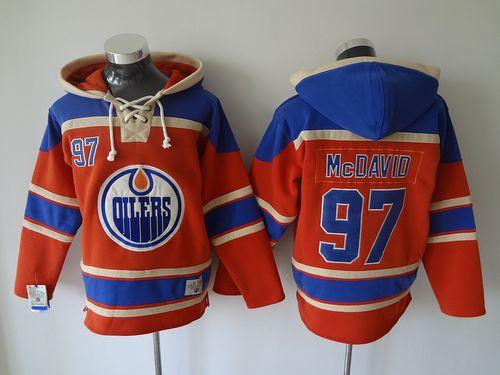 Oilers #97 Connor McDavid Orange Sawyer Hooded Sweatshirt Stitched NHL Jersey
