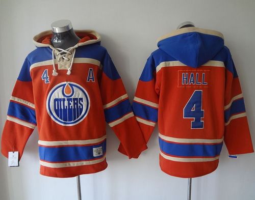 Oilers #4 Taylor Hall Orange Sawyer Hooded Sweatshirt Stitched NHL Jersey