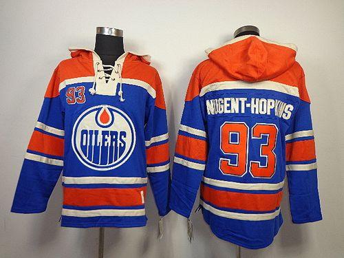 Oilers #93 Nugent Hopkins Light Blue Sawyer Hooded Sweatshirt Stitched NHL Jersey