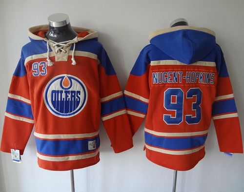Oilers #93 Ryan Nugent Hopkins Orange Sawyer Hooded Sweatshirt Stitched NHL Jersey